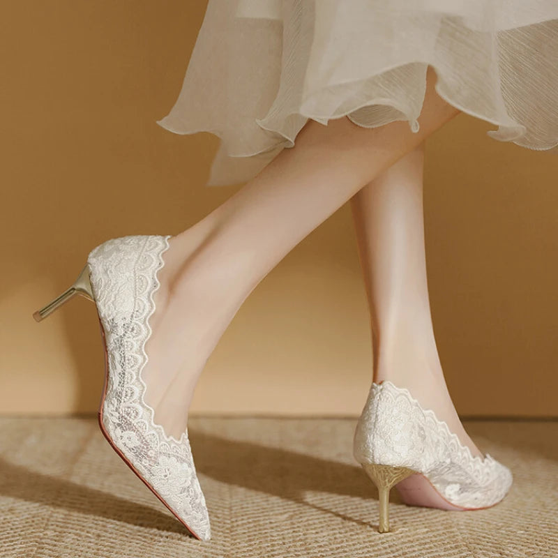 Embroidered Bridal Shoes Wedding Shoes Retro French Sandals 6.5cm High Heels Single Shoes Thin Heels Banquet Pointed Pumps 34-39