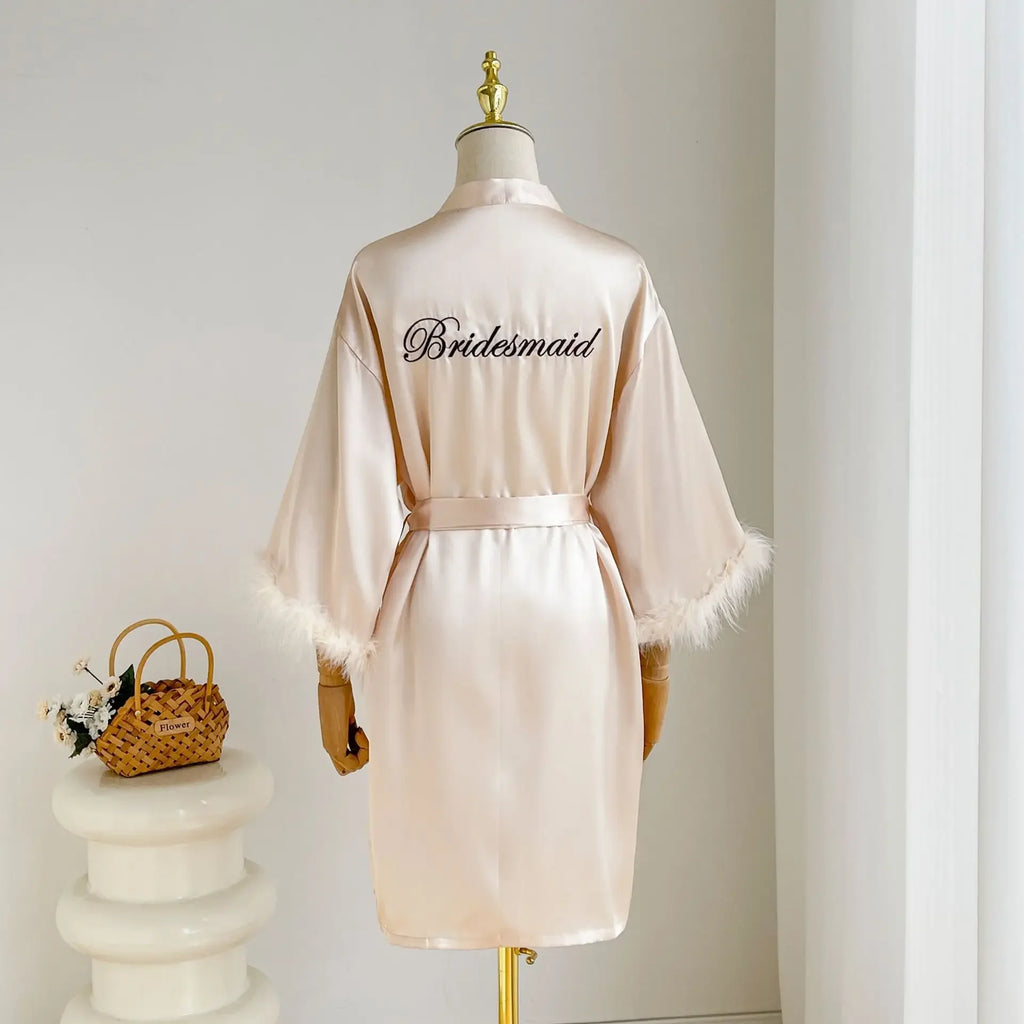 Feather Trim Satin Bridal Robe