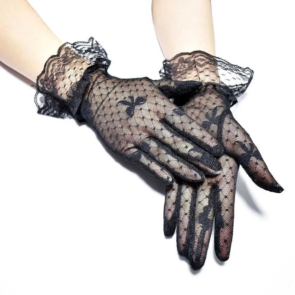 Sexy Dress Party Lace Glove Summer Sunscreen Mittens Women Mesh Bow Lace Gloves Paragraph Wedding Bride Gloves Full Finger Girls
