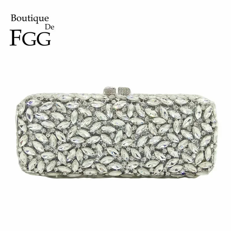Boutique De FGG (in stock) Women Silver Crystal Clutch Evening Bags Box Minaudiere Handbag Bridal Purse Wedding Party Clutches