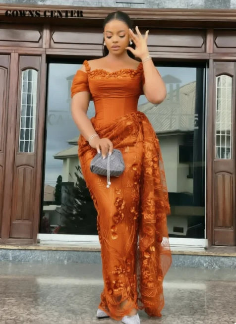 Fabulous Brown Lace Evening Dresses African Traditional Wedding Bride Dress Luxury Beads Lace Birthday Dress Asoebi Costomized