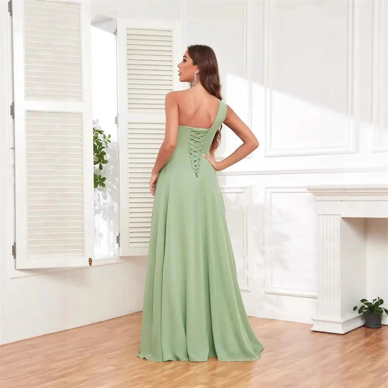 A Line Chiffon Bridesmaid Dresses One Shouder Slit Pleat Elegant Wedding Party Formal Prom Evening Lace Up Back