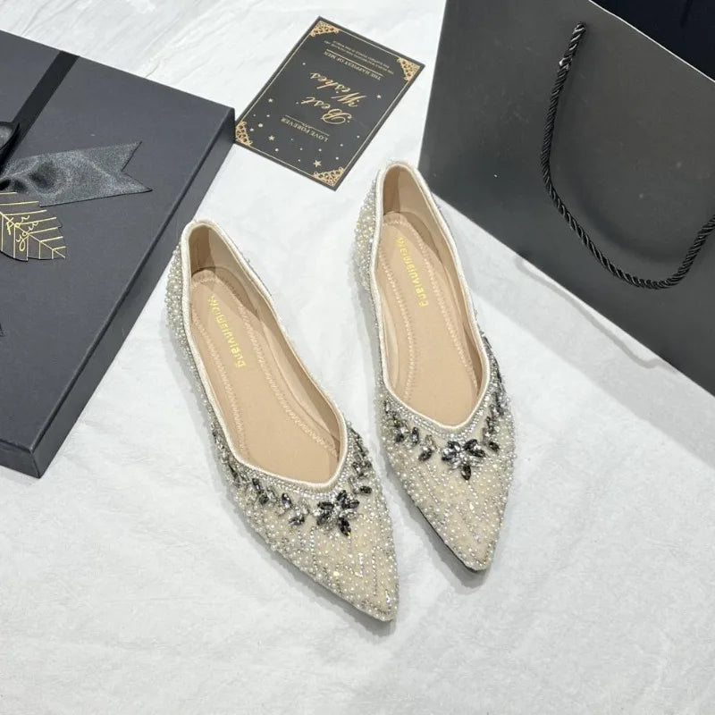 Luxury String Bead Rhinestone Brand Flat Shoes Women Comfort Square Toe Shallow Design Shoes Fashion Elegant Wedding Bridal Shoe