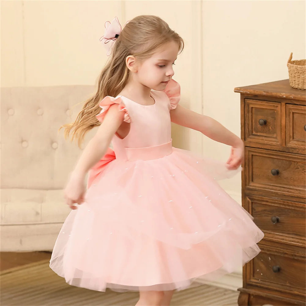 Backless Bow Flower Girl Tulle Dress