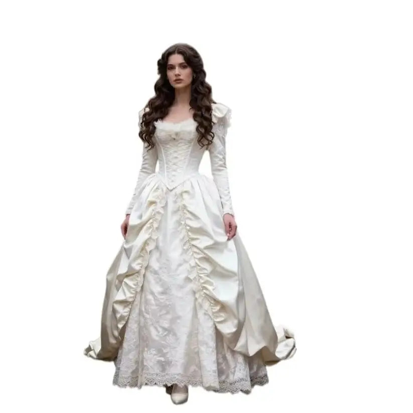 Historical Victorian Wedding Dress Long Sleeve Corset Bodice White Satin Lace Ruffled Long Vintage Bridal Gown Customized
