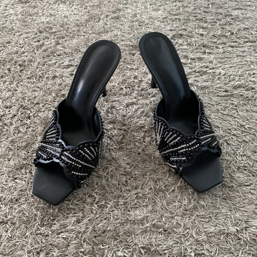 Elegant Summer High Heels Women Mules Sandals Open Toe Pearl Beaded Female Stilettos Slip on Party Wedding Dress Shoes Woman