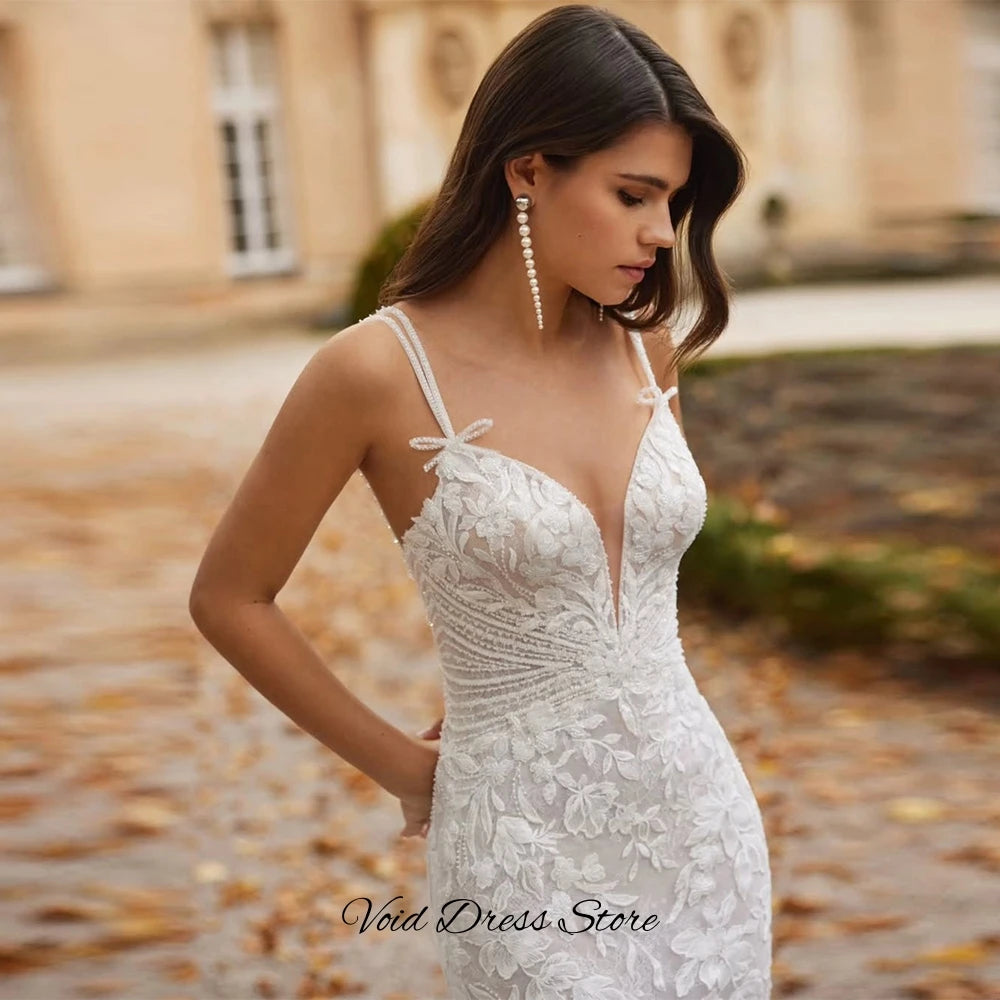 Elegant Mermaid Sleeveless Wedding Dress Exquisite Appliques Tulle Vestido De Novia Customized Backless Strapless Robe de mariée