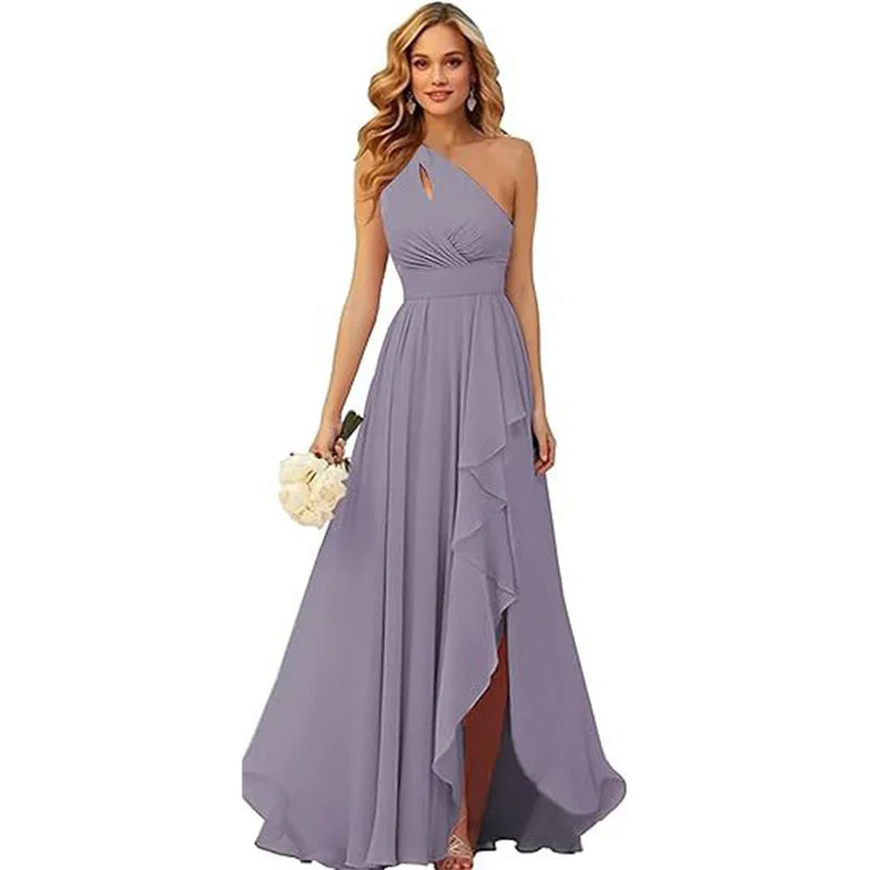 A Line Chiffon Bridesmaid Dresses One Shouder Slit Pleat Elegant Wedding Party Formal Prom Evening Lace Up Back