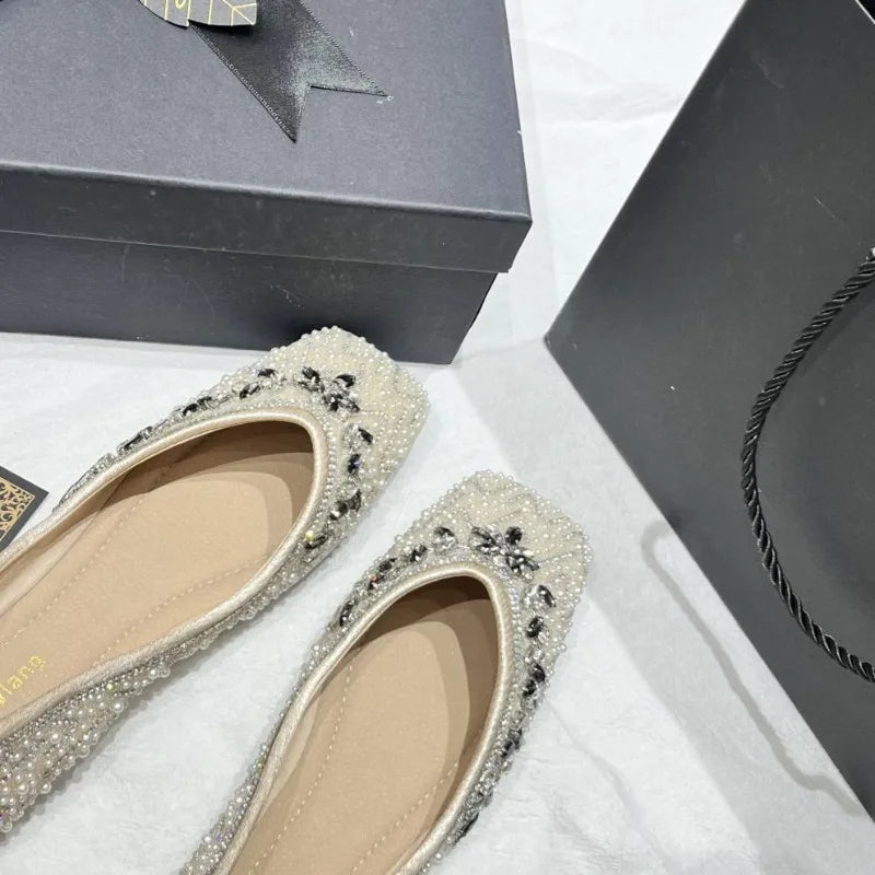Luxury String Bead Rhinestone Brand Flat Shoes Women Comfort Square Toe Shallow Design Shoes Fashion Elegant Wedding Bridal Shoe
