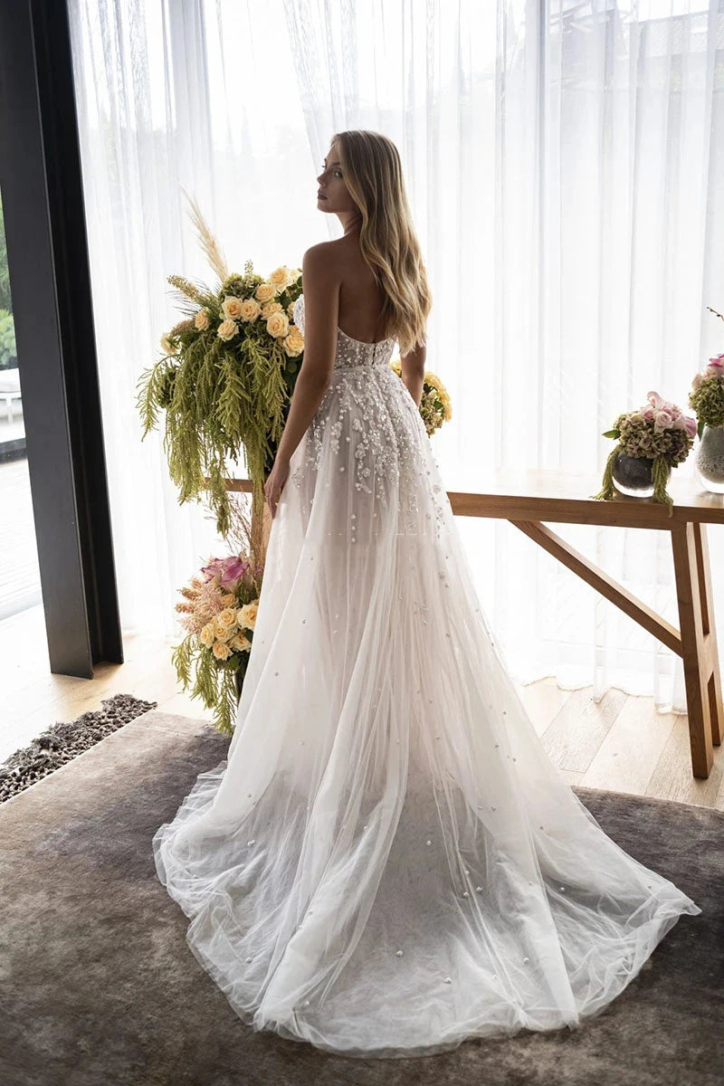 Boho Off-Shoulder Pearl Beaded Wedding Dress