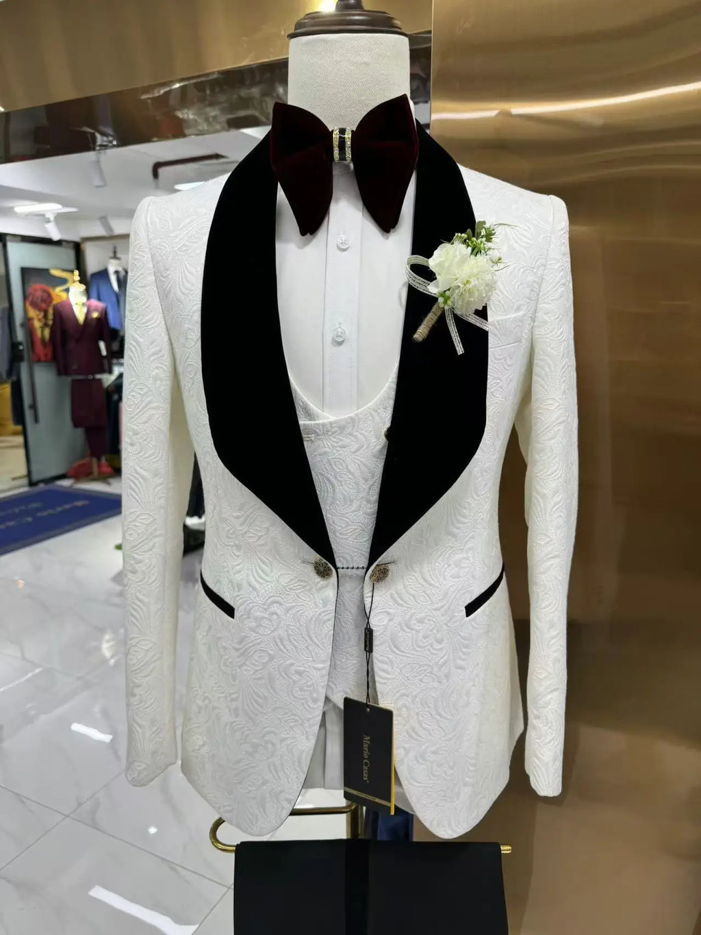 Thorndike Mens Wedding Suits White Jacquard with Black Satin Collar Tuxedo3 Pcs Groom Terno Suits for Men(Jacket+Vest+Pants)