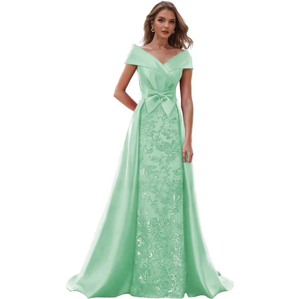 Customized Off The Shoulder Mother of The Bride Dresses for Women Wedding Guest Long Formal Dress with Bow Train 2025