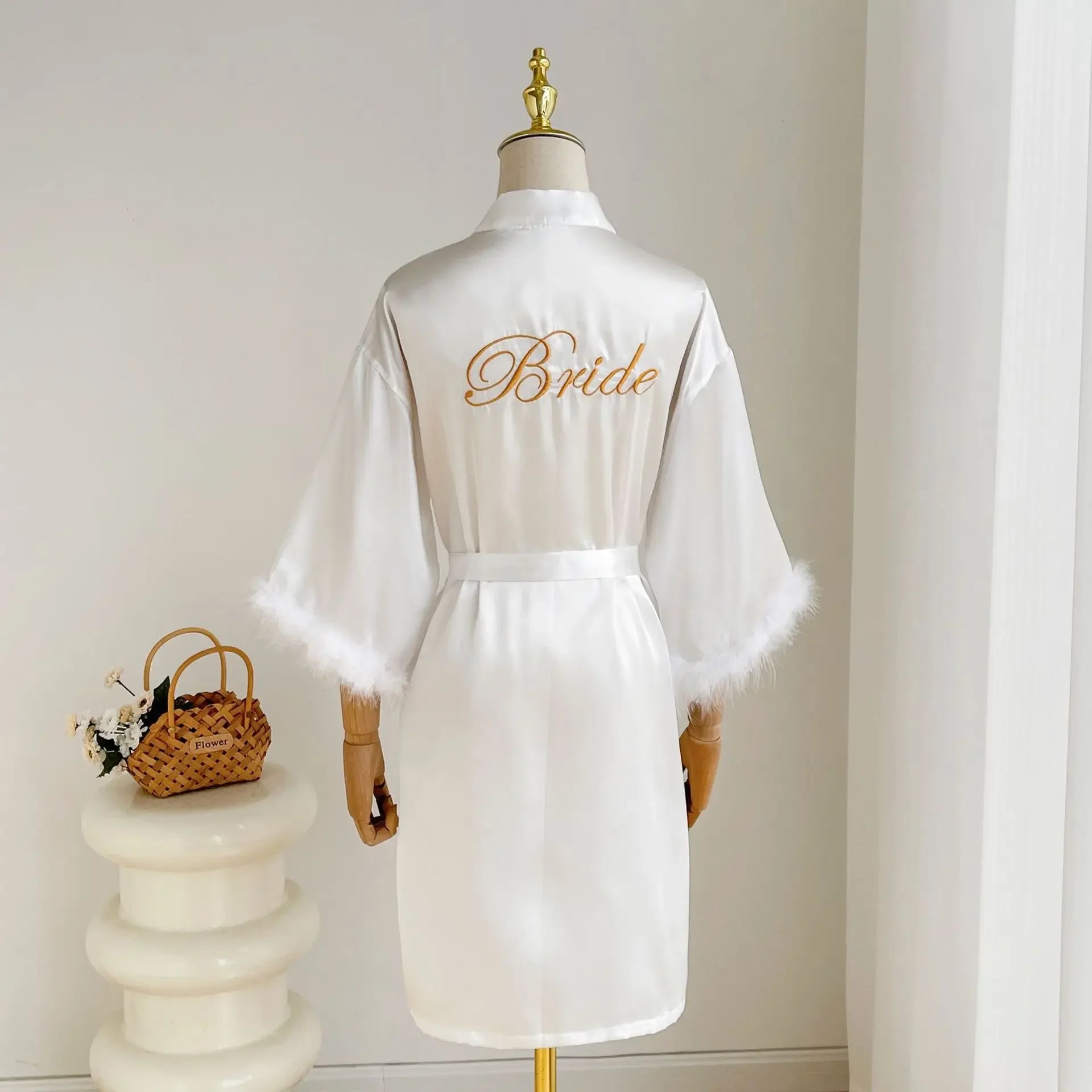 Feather Trim Satin Bridal Robe