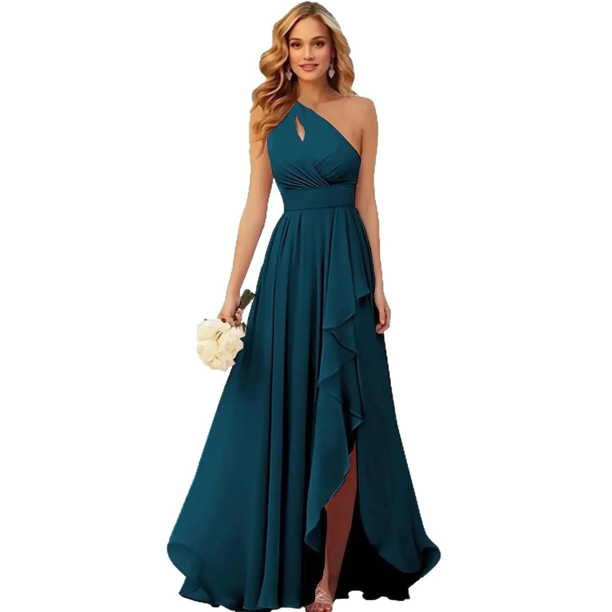 A Line Chiffon Bridesmaid Dresses One Shouder Slit Pleat Elegant Wedding Party Formal Prom Evening Lace Up Back