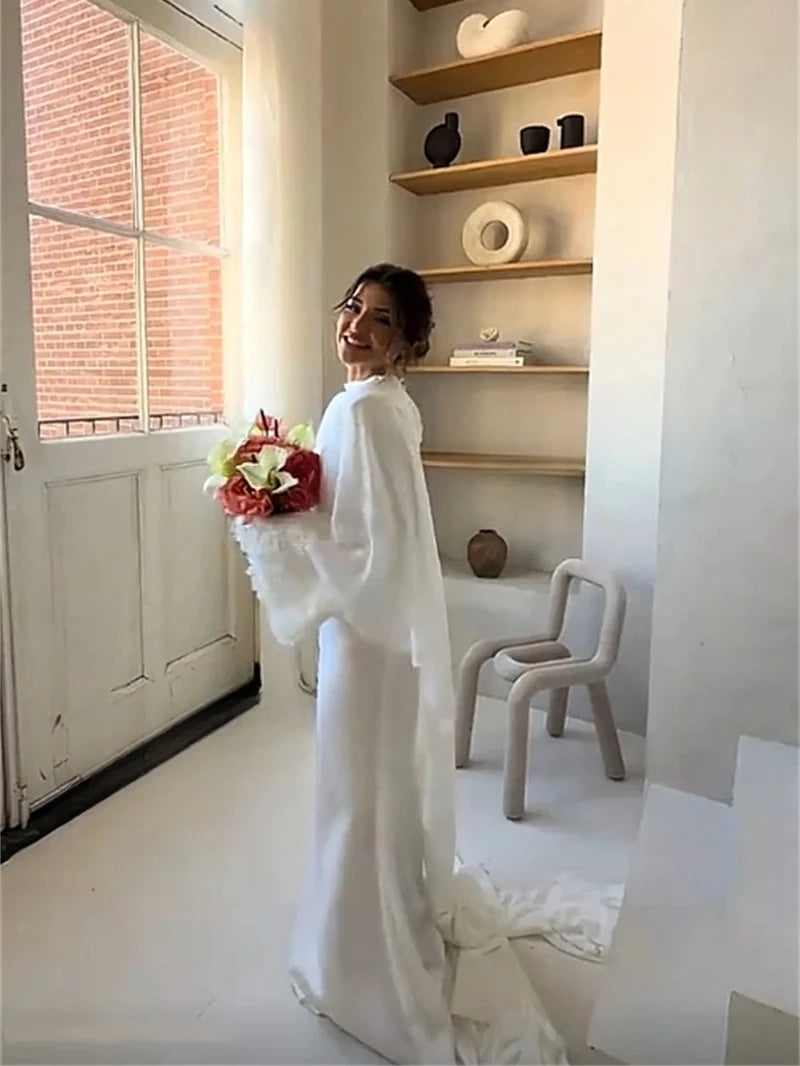 Arabic Wedding Dress O-Neck Customized Ivory  Appliques Muslim Long Sleeves Mermaid Bridal Gown Bride Party Dress
