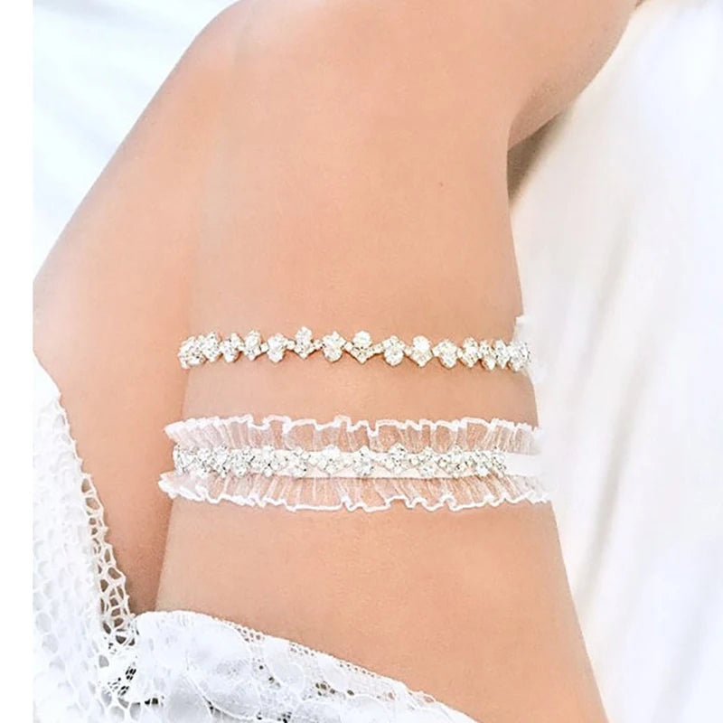 2PC White Tulle Bridal Sexy Garter Silver Gold Color Rhinestone Wedding Accessories Leg Garters For Women Cosplay