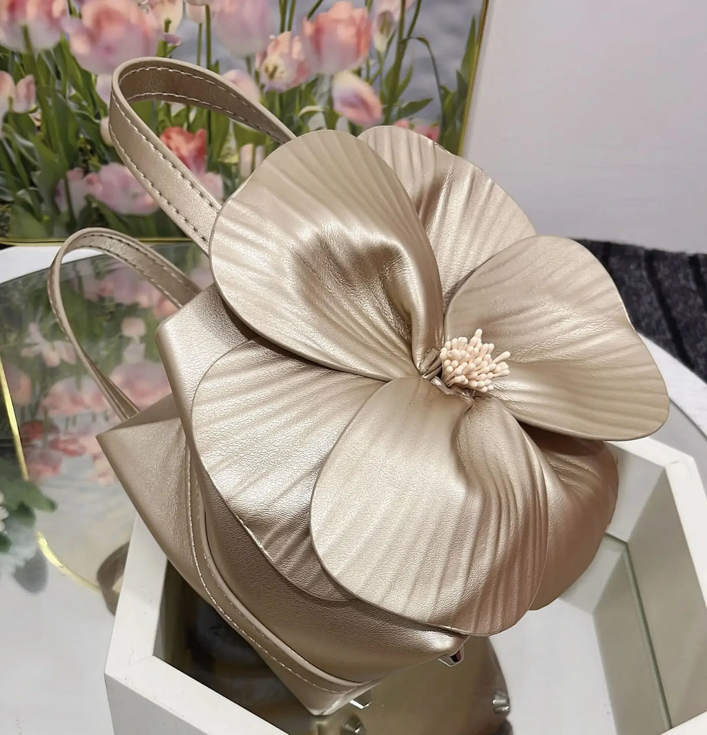 3D Floral Soft PU Leather Women Small Bucket Handbag Wedding Purse Dress Party Evening Bridal Clutch Bag