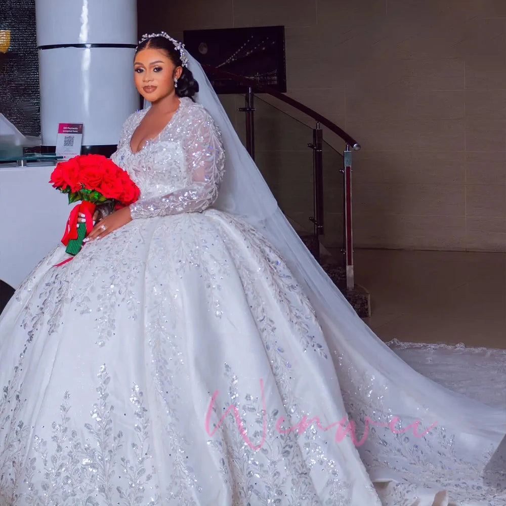 V-Neck Long-Sleeve Sequined Lace A-Line Wedding Dress