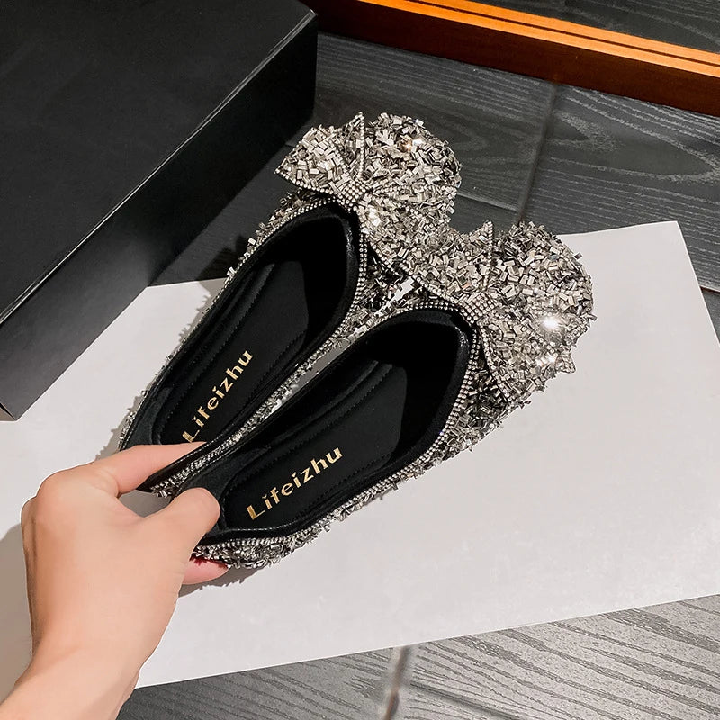 Women's Shoes Exquisite Bow Bling Casual Shoes for Woman Fashion Square Head Flat Shoe Luxury Designer Shoes Zapatos Mujer