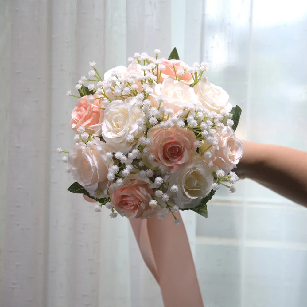 YeeNanee Boho Wedding Bouquets for the Bride Ivory White Artificial Flower Bouquet with Silk Ribbon Lace Country Wedding Decor