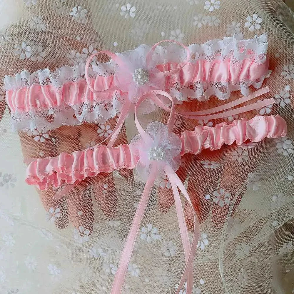 Wedding Garter with Flower and Pearls Satin Sash Bridal Accessories Cosplay Party Floral Elastic Leg Loop