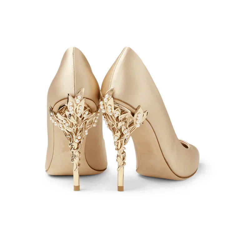 Luxury Leaves Metal Heel Pumps Women Shoes Pointed Toe Blue White Pink Black Silk Stiletto High Heels Wedding Bride Shoes 10cm
