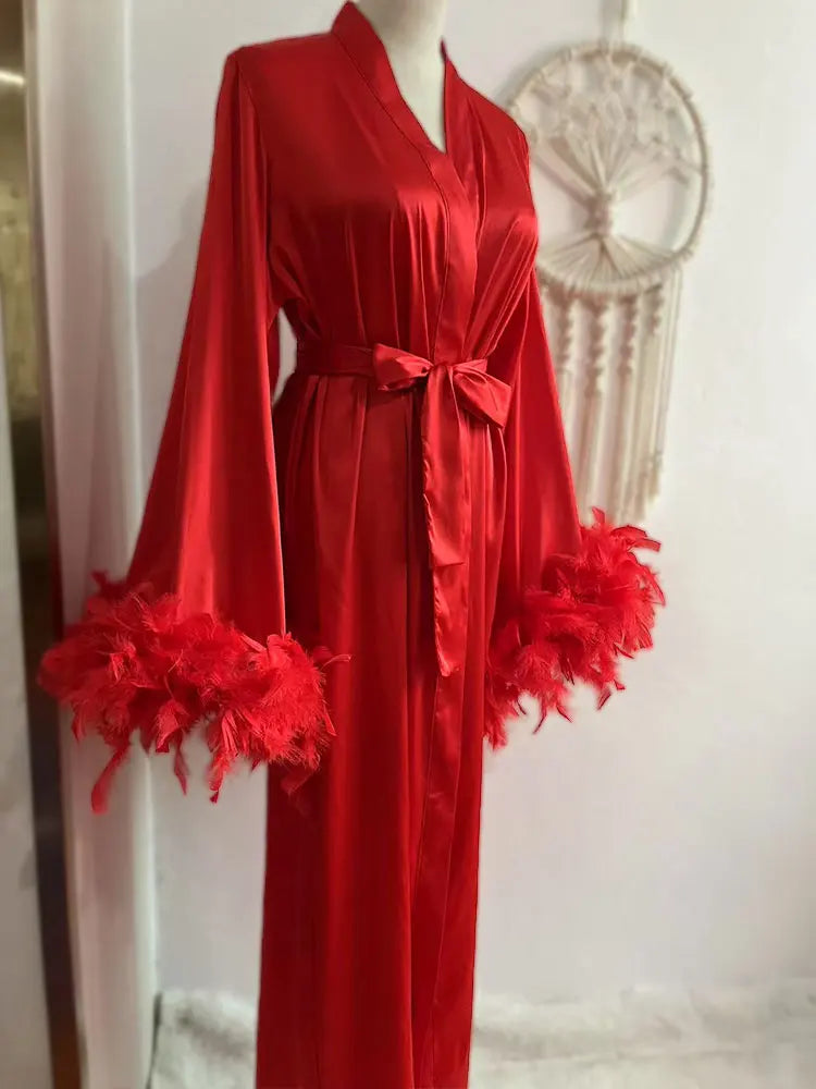 Feather Robe Long Cardinal Red Bridal Lingerie Softest Bridal Robe with Feather Boudoir Silk Kimono Bridesmaid Dressing Gown New
