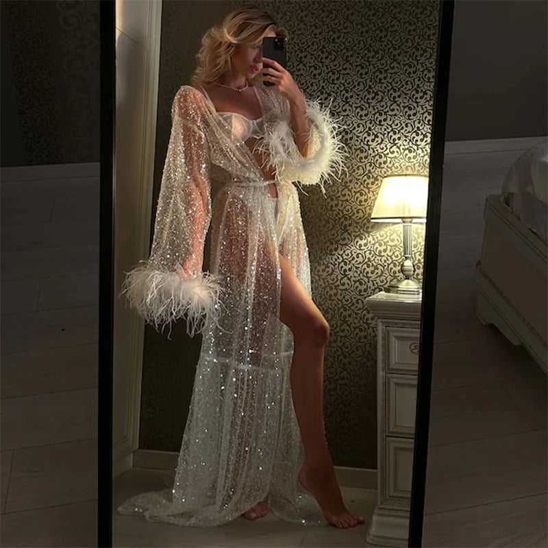 Ladies Club Party Coquette Transparent Shiny Robe Maxi Dresses for Women Bride's Wedding Morning Luxury Bridal Robe Dress