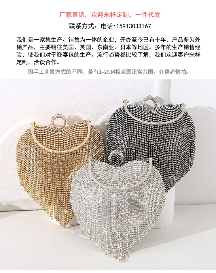 Heart Pattern Diamond Tassel Clutch