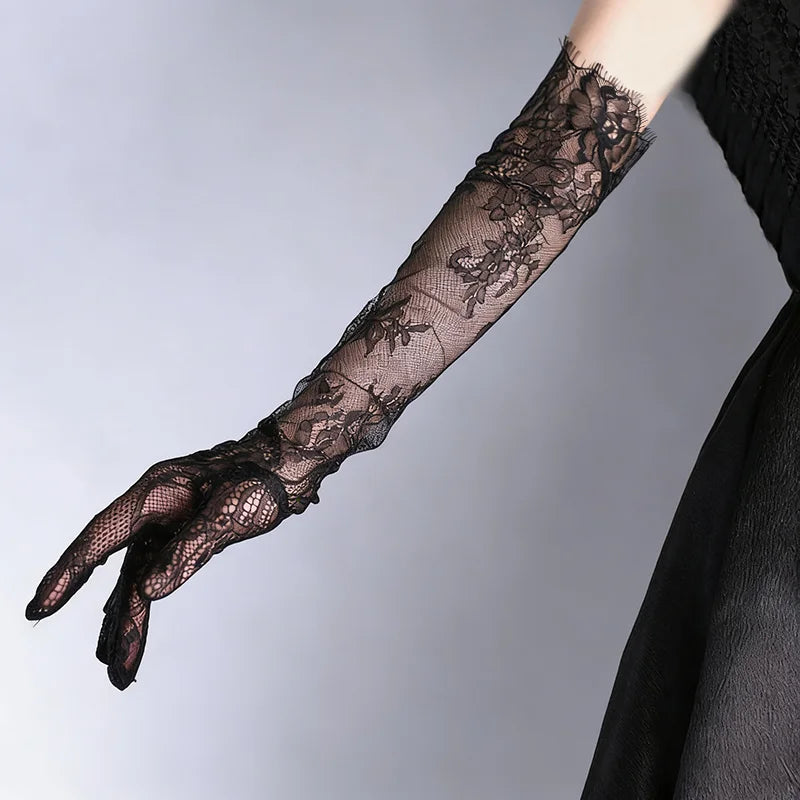 Fairy Long Black Lace Gloves Sexy Mesh Hollow Out Bridal Glove Thin Sunscreen Elbow Gloves Wedding Dress Photography Accessories