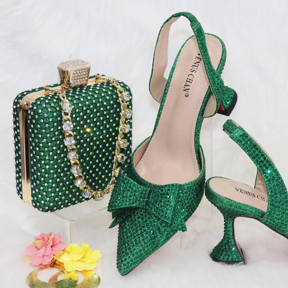 Rhinestone Bow Pointed-Toe Bridal Heel and Bag Set