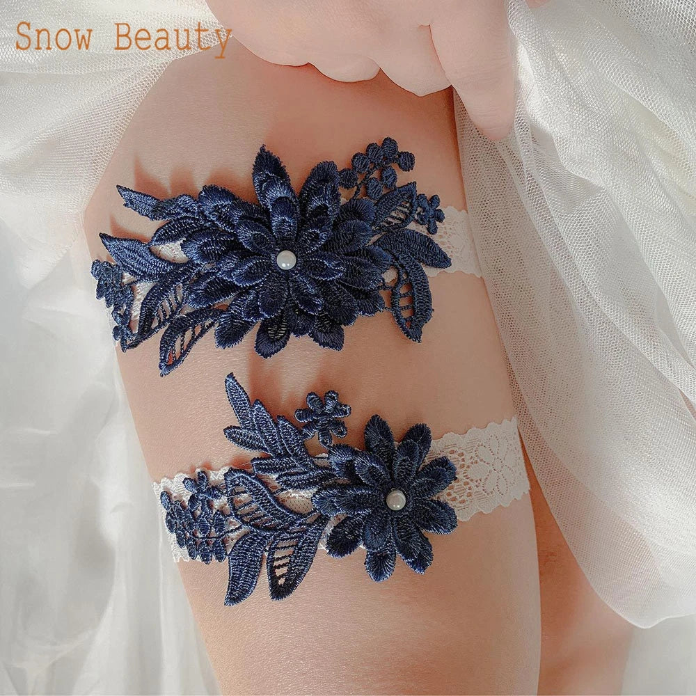 K03 2 PCS Sexy Lace Flower Crystal  Pearls Wedding Garter Belt Thigh Ring Bridal Leg Garter Stocking Garter Belt Girl Women