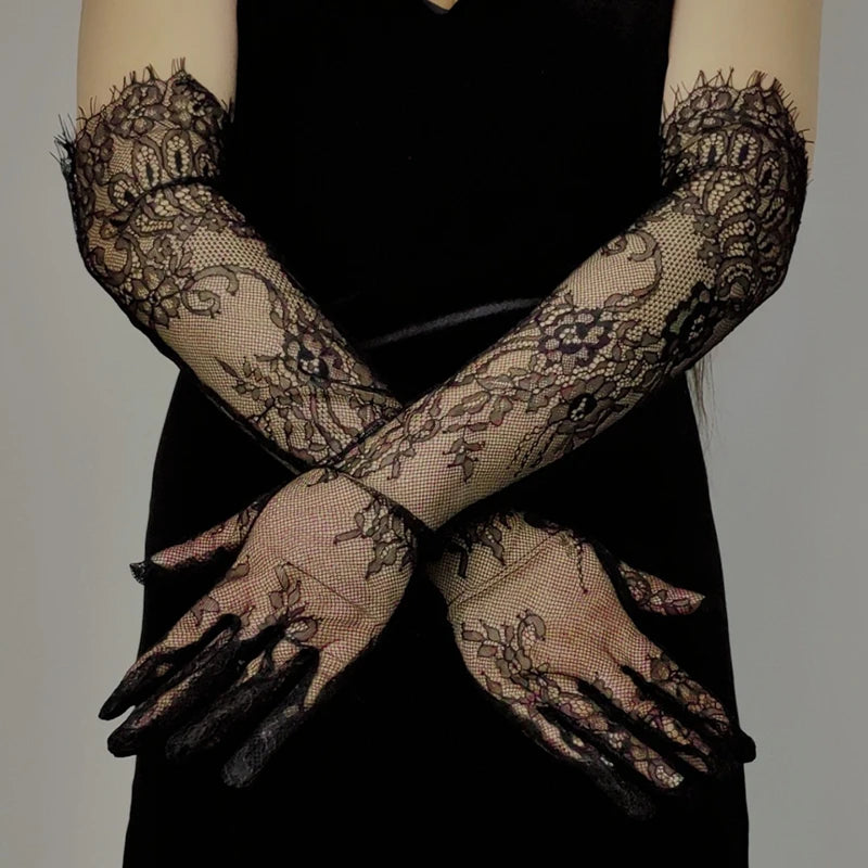 Fairy Long Black Lace Gloves Sexy Mesh Hollow Out Bridal Glove Thin Sunscreen Elbow Gloves Wedding Dress Photography Accessories