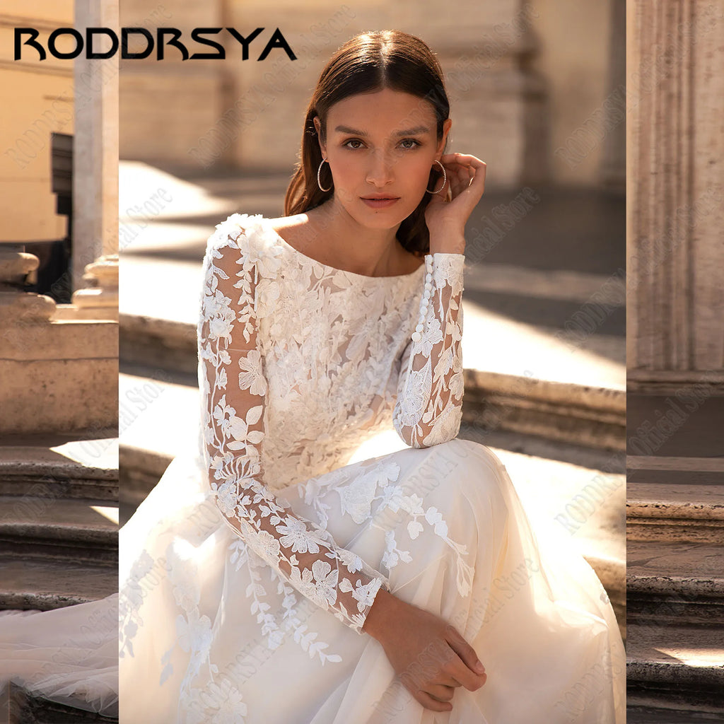 RODDRSYA Muslim Wedding Dresses 2025 Bride Long Sleeves Flowers A-Line Lace Bride Gowns Applique robe mariée boheme Customized