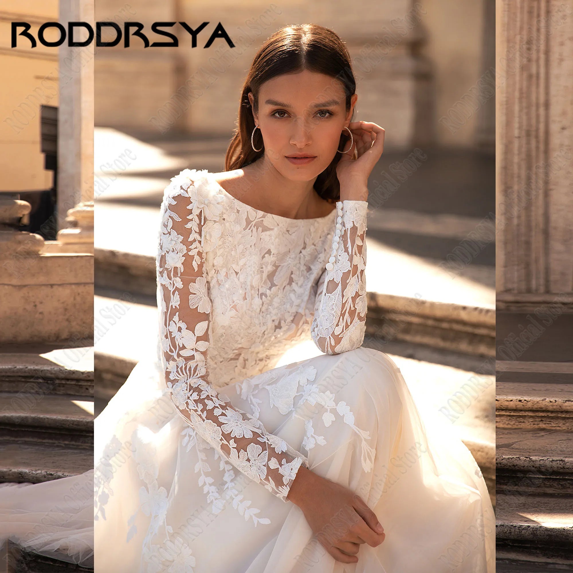 RODDRSYA Muslim Wedding Dresses 2025 Bride Long Sleeves Flowers A-Line Lace Bride Gowns Applique robe mariée boheme Customized