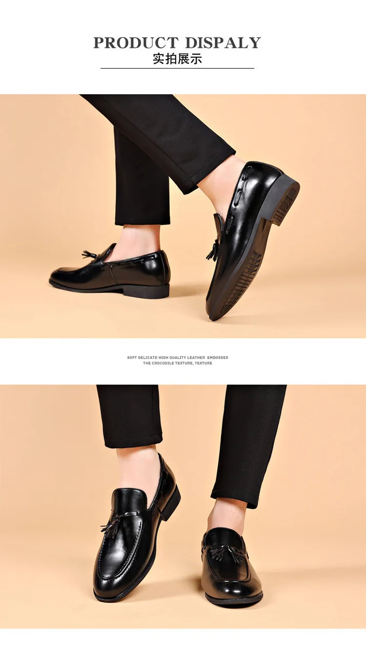 2026 New Large Size Men's Leather Shoes Business Formal Casual Wedding Knot Shoes round Toe Flat Heel Rubber Outsole