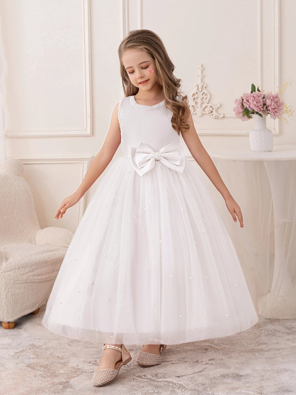 Girls Wedding White Dress Puffy Gauze Skirt Flower Children's Skirt Bridesmaid Evening Dress