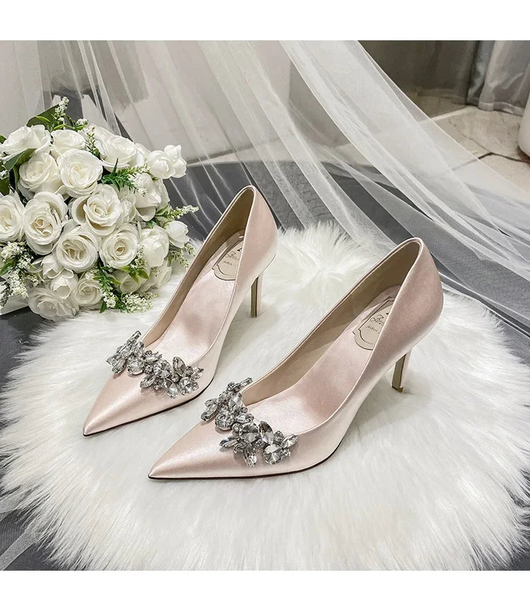 New White Champagne Women Bridal Wedding Shoes Faux Silk Satin Rhinestone Crystal Shallow Pumps Stiletto High Heel