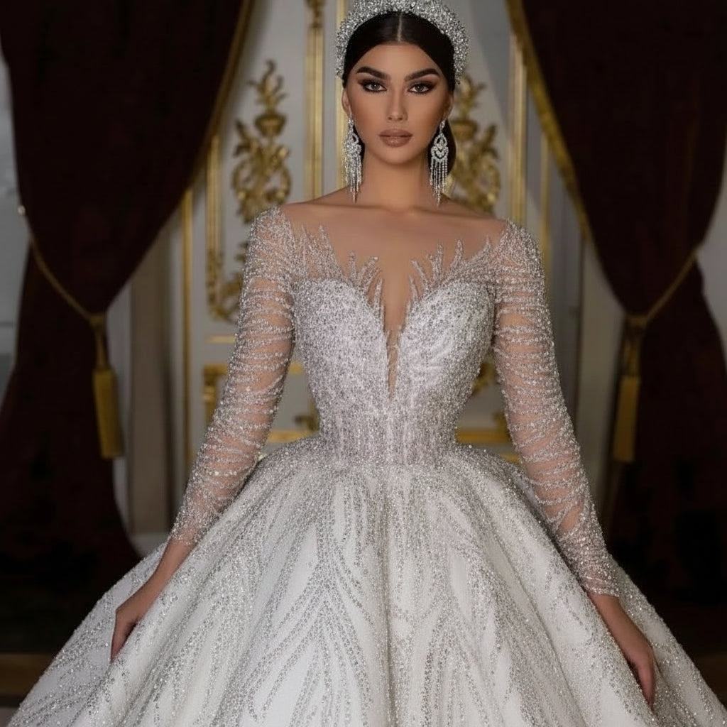 Newest Wedding Dresses For Bride  Ball Gown Sweetheart Neckline Full Sleeves With Beading Sequined Customized Vestidos De Novias