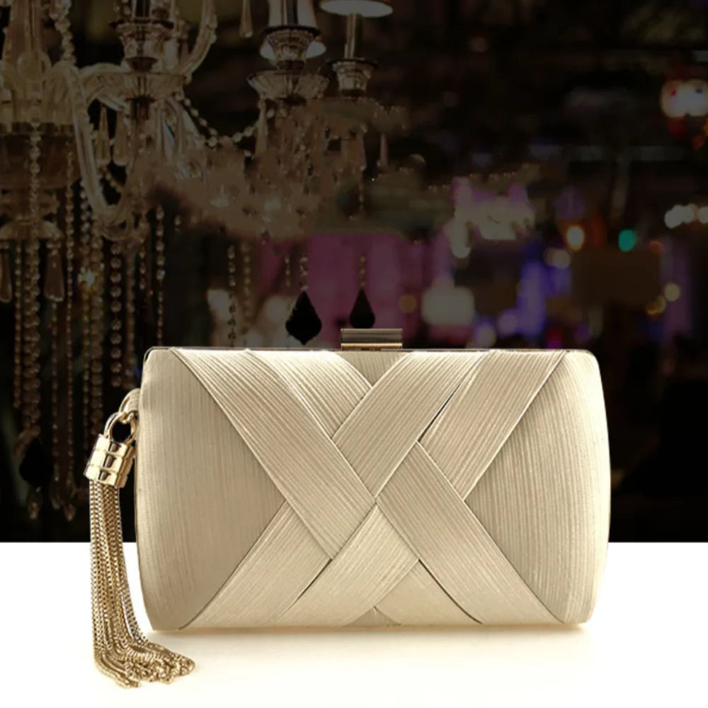 Casual Luxury Silk Fabric Dinner Handbag Tassel Chain Evening Banquet Bag Hand Hold Elegant Bridal Clutch Bag Outdoor