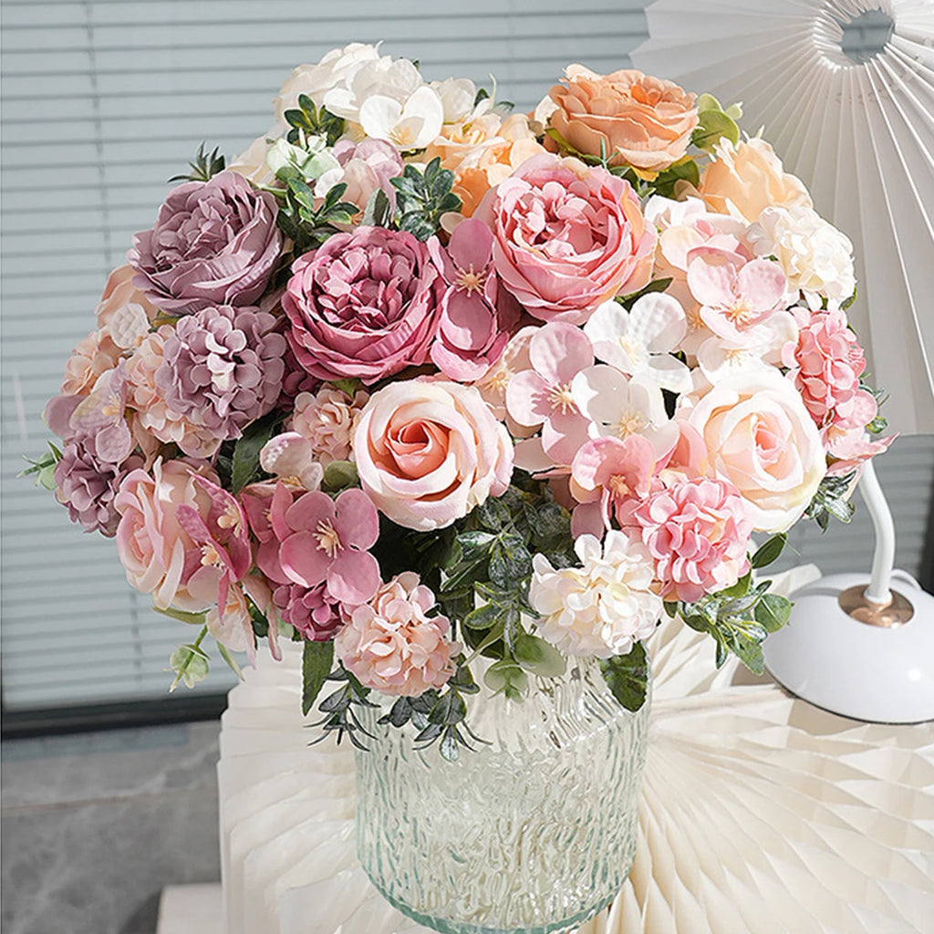 Artificial Flowers 7 Fork Silk Rose Peony Hydrangea Festival Wreath Decor Wedding Wreath Home Room Table DIY Craft Accessories