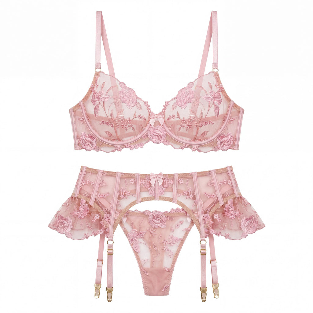 Women Lingerie Set Sheer Mesh Babydoll Lace Garter Belt Suspender Sexy Transparent Nightwear Valentine Day Bridal Honeymoon Suit