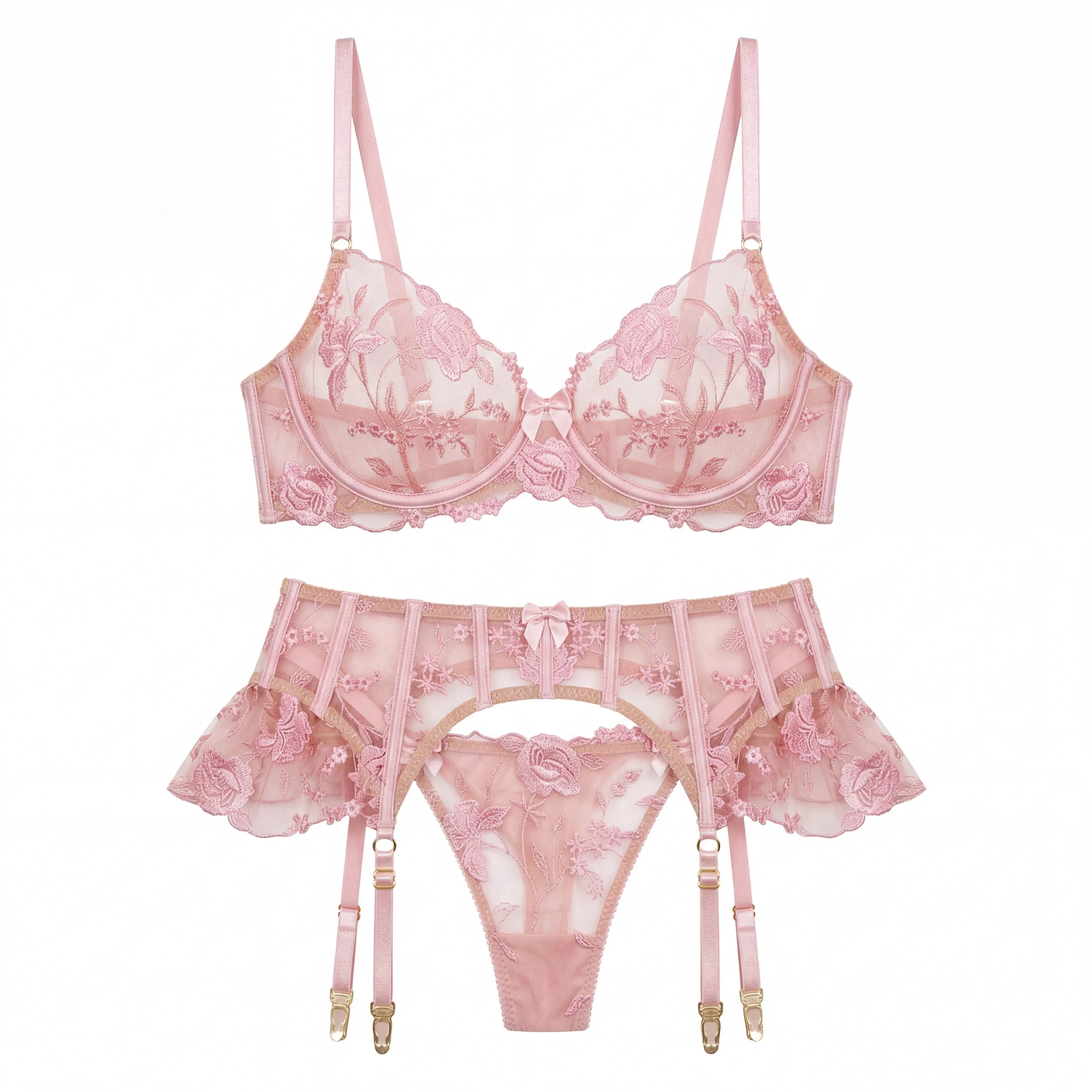 Women Lingerie Set Sheer Mesh Babydoll Lace Garter Belt Suspender Sexy Transparent Nightwear Valentine Day Bridal Honeymoon Suit