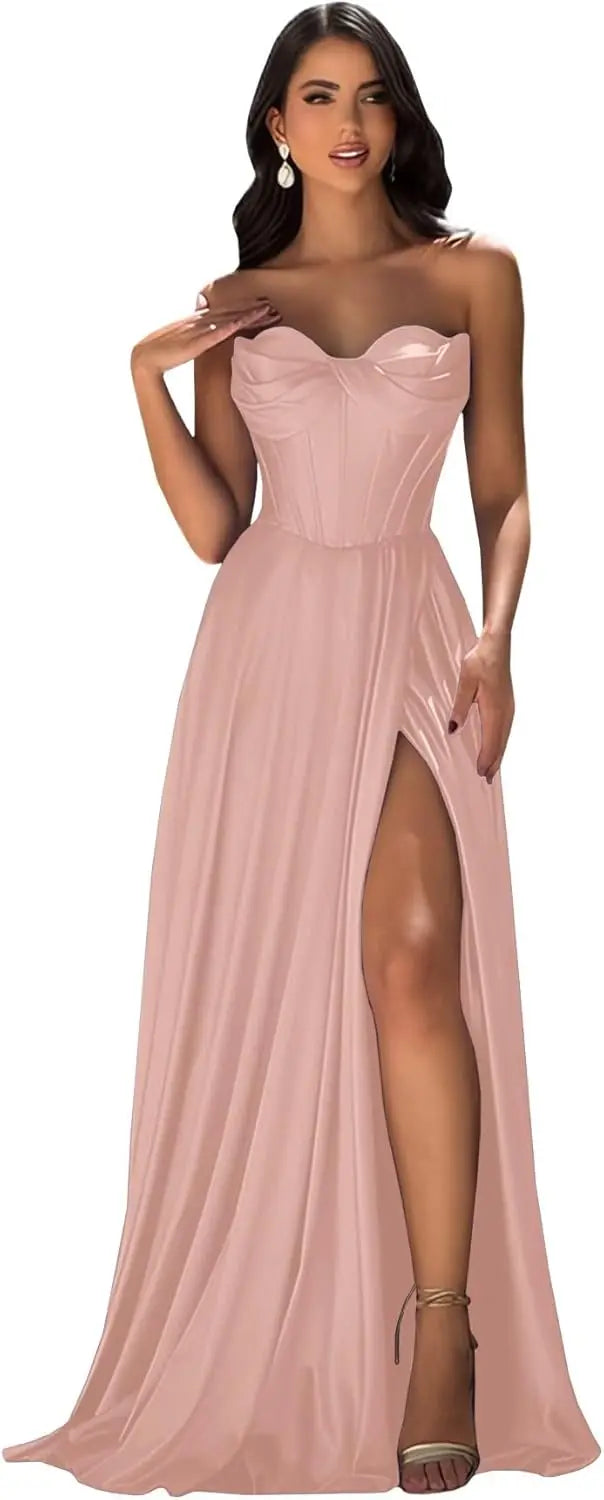 Chicbridal Women's Strapless Prom Dress Satin A-Line Long Ball Gown Sweetheart Corset Formal Dress with Pockets And Side Slit