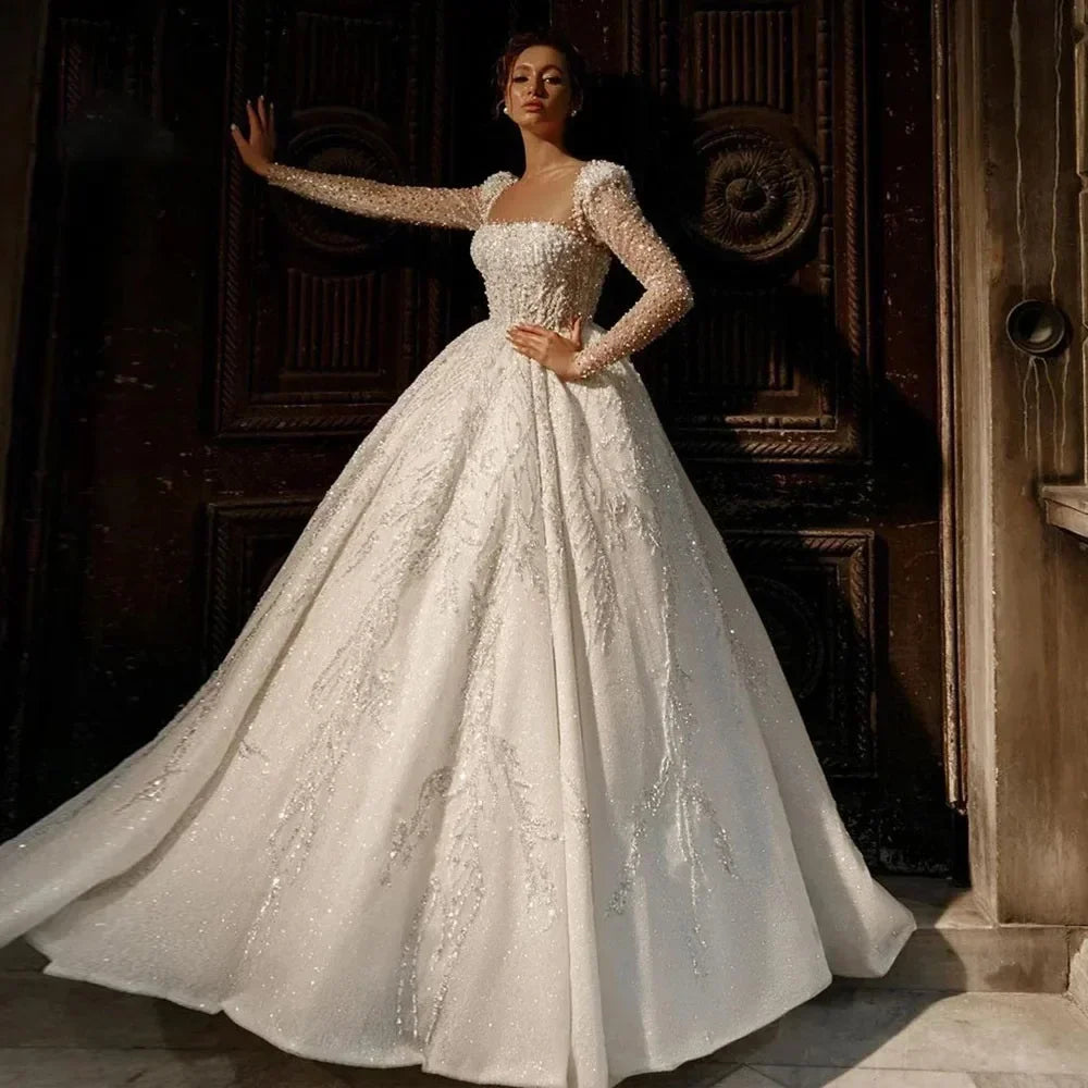 Flavinke Customized Square Neck Wedding Dresses Lace Beading Sequins Princess Ball Gown Bridal Robe De Mariee vestidos de novia
