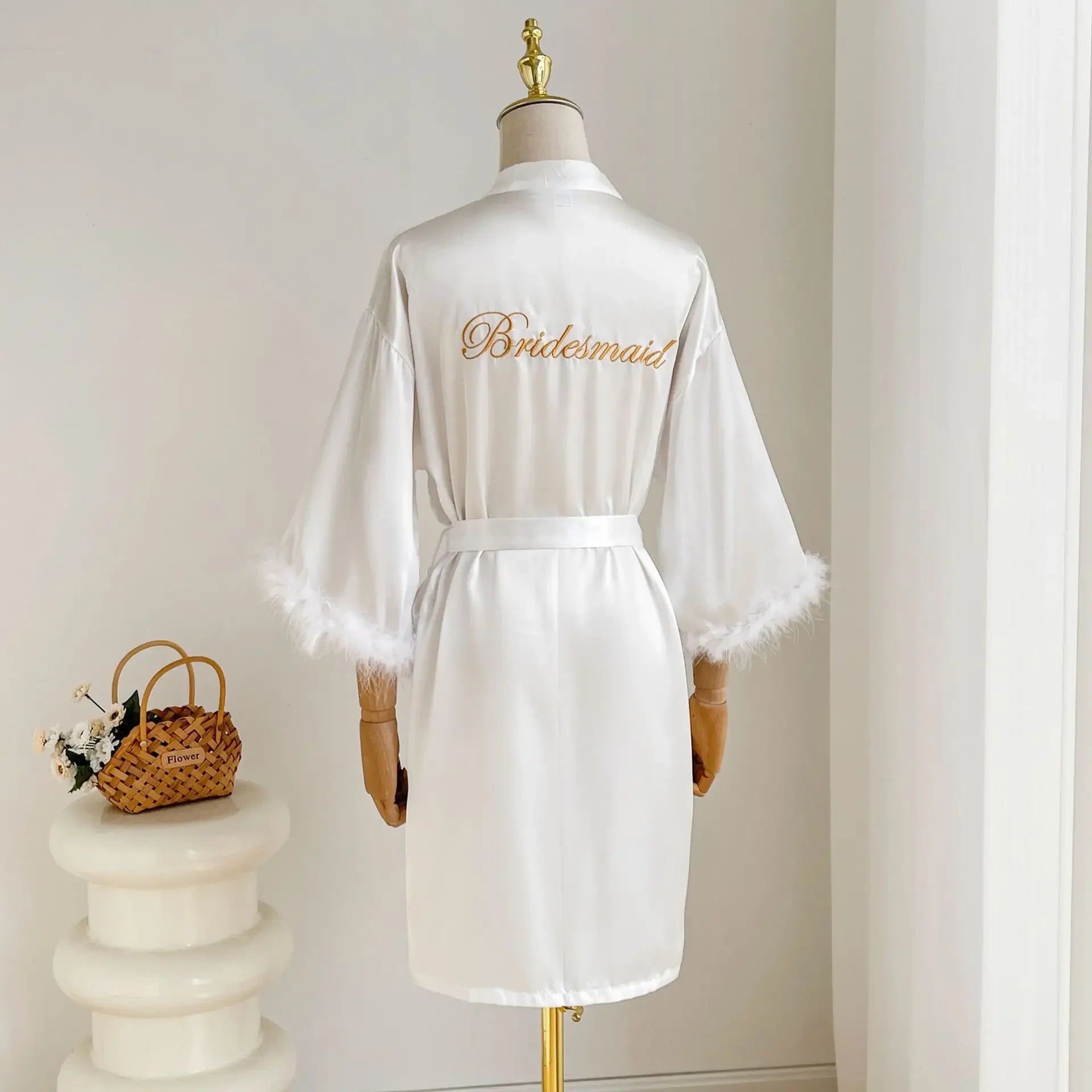 Feather Trim Satin Bridal Robe