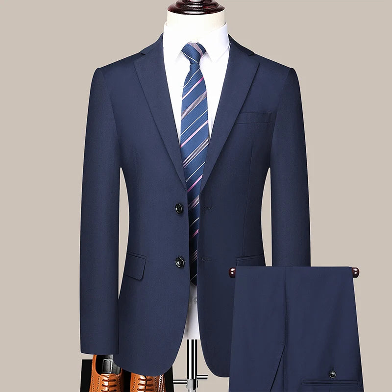 Suit  (Blazer+ Trousers) Men's Casual Formal Business Gentleman Solid Color Hosting Four Seasons Slimming Wedding Fashion Suit