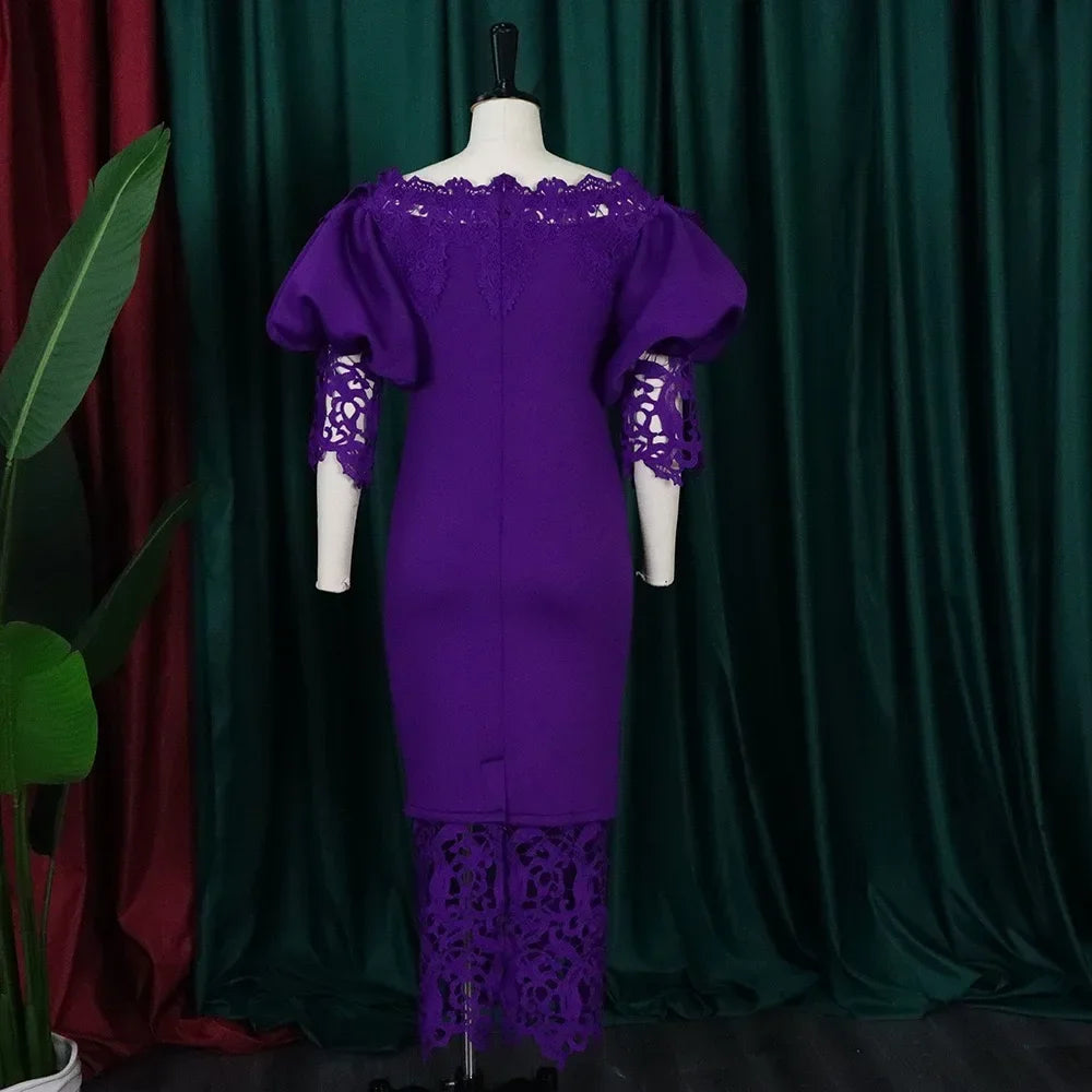 Off-Shoulder Lantern Sleeve Lace Sheath Dress