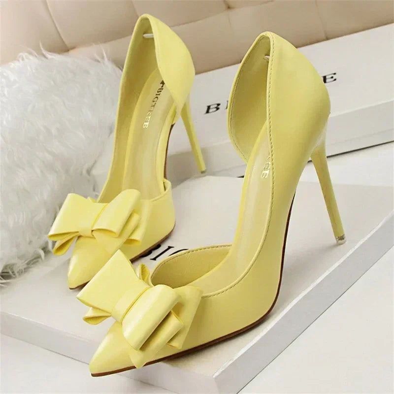 Spring Party Elegant Pink Butterfly-Knot High Heels Women Fashion Wedding Dress Pumps Side Hollowed Stiletto Shoes