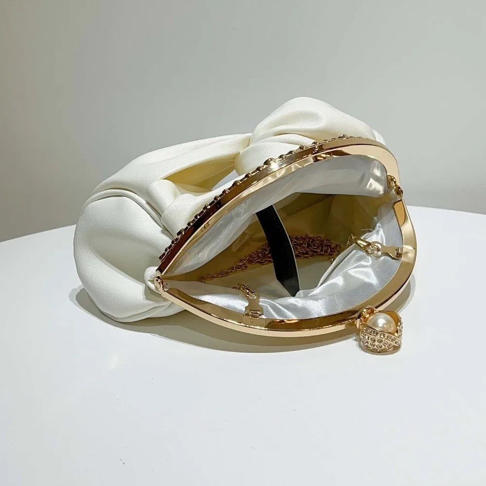 Sparkly Rhinestone Evening Clutch Pleated Satin-like Bridal Wedding Purse Glittery Chic Luxury Party Pochette Bride